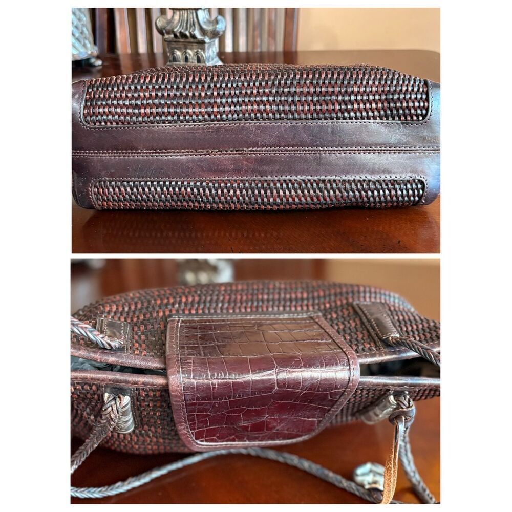 BRIGHTON - Vtg Two-Tone Brown Woven Leather Shoulder Bag/Croc-Embossed Closure - Picture 7 of 16